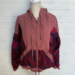 Free People Magpie Pink Rose Boho Lacey Crochet Oversized Jacket with Hood sz S